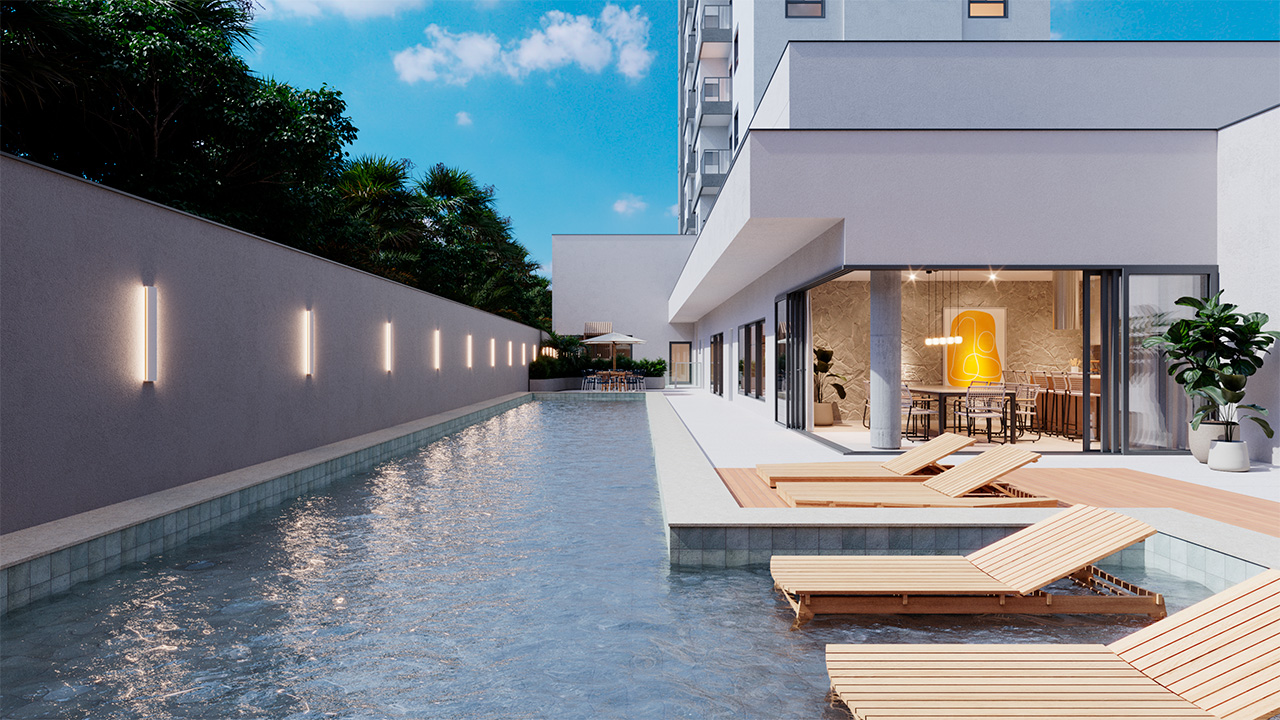 Piscina e área Gourmet River Anita - Wecon Empreendimentos - apartamento no bairro Anita Garibaldi - imóvel novo em JLLE SC RIVER Anita no bairro Anita Garibaldi